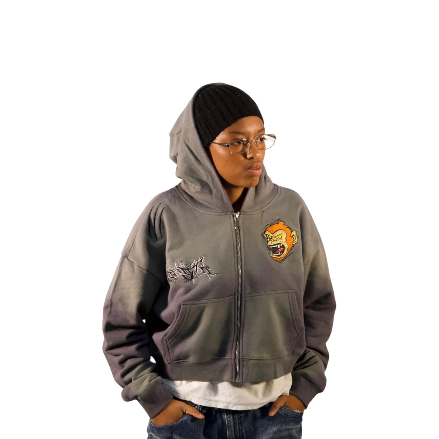 Monkey Wildstyle Cropped Zip-Up Hoodie (Grey)