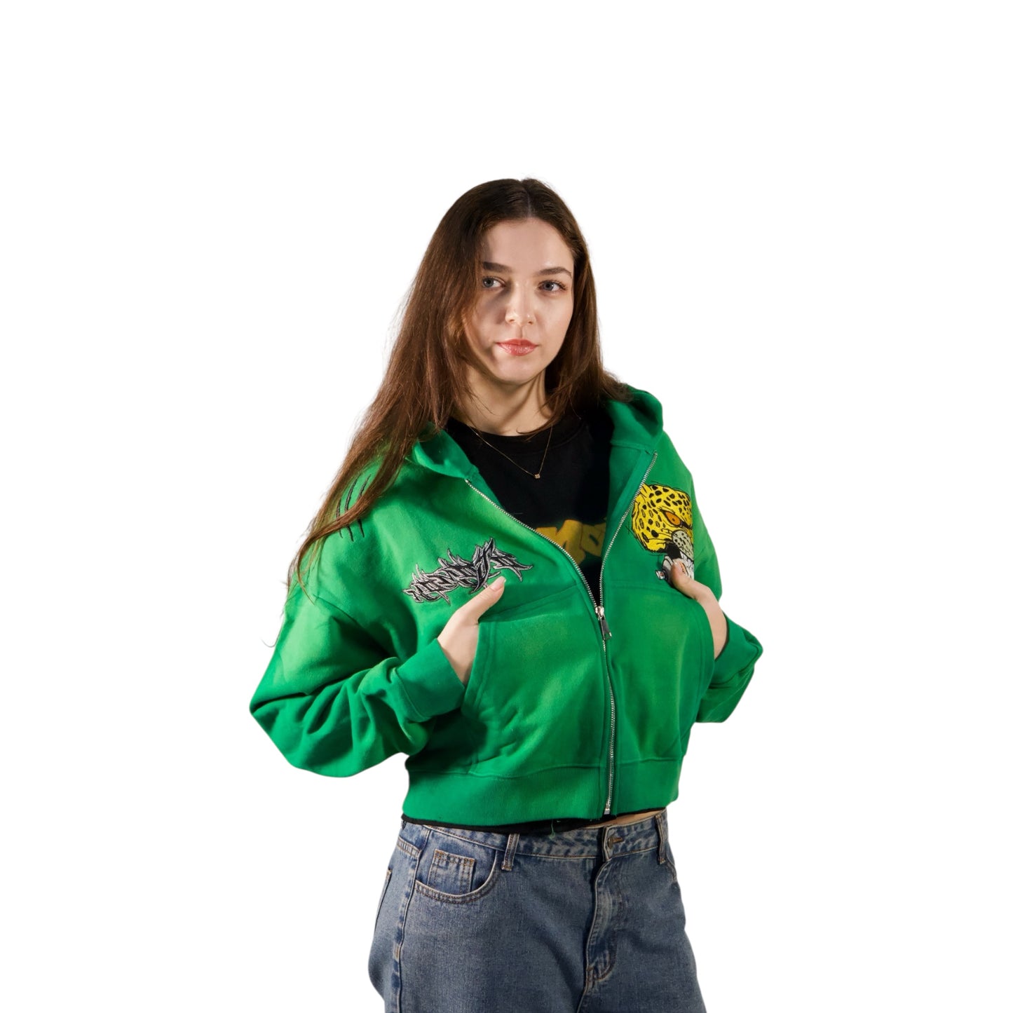 Leopard Wildstyle Cropped Zip-Up Hoodie (Green)